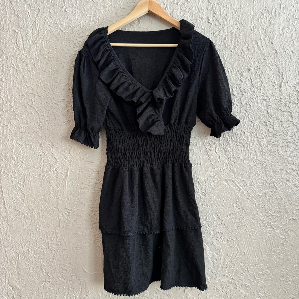 Black Ruffle Short Sleeve Dress